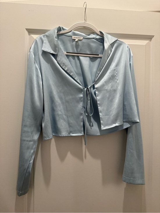 Tops - Mimosa Satin Tie Front Cropped Blouse | Light Blue | Size Medium